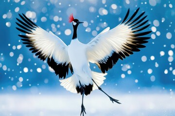 Fototapeta premium Majestic Red-Crowned Crane in Dance: Graceful Winter Scene in Snowy Kushiro, Hokkaido, Japan