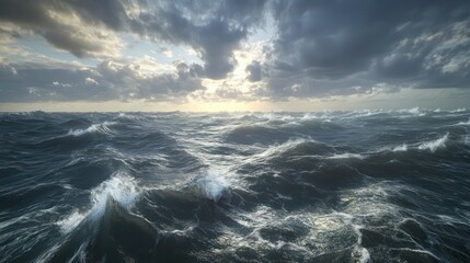Rough sea under a tempestuous sky, waves churning and wind whipping the water into a frothy chaos.