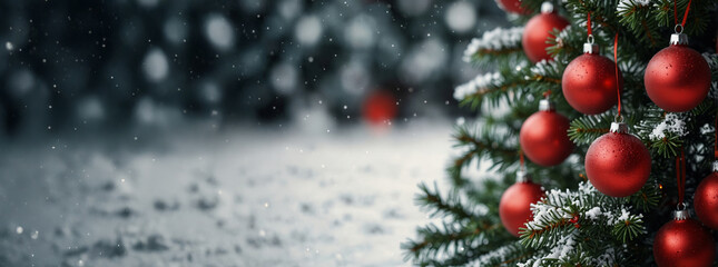 Holiday background abstract snowy Christmas tree with red decorations with sparkling light
