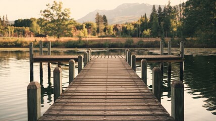 Obraz premium Serene Lake Dock at Sunset in the Mountains. A tranquil wooden dock extends into a peaceful lake, surrounded by lush trees and mountains, capturing a serene sunset ambiance.
