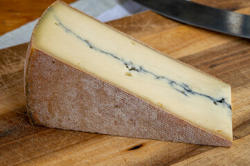 Cheese collection, French Morbier semi-soft cow milk cheese with black mold layer close up