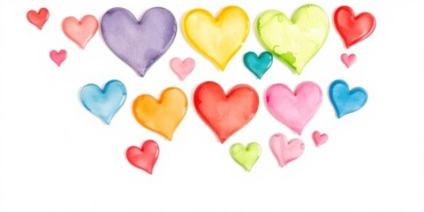 Watercolor and acrylic hearts in various sizes and colors isolated on white background, handmade
