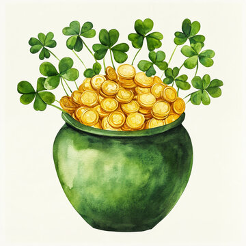 recommend clip art: A Pot with Gold Coins on a White Background. Watercolor illustration of St. Patrick's Day.