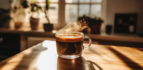 Coffee cup sits on a wooden table in a sunlit room with sunlight casting warm shadows