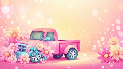 Vintage pink truck surrounded by colorful daisies and sparkles on soft pastel background, concept of girlhood design