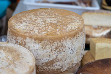 Farmer shop in Biarritz, France, Basque Country and Pyrenees sheep, cow and goat cheeses for sale, Tomme, Fermier Brebis, farmers cheese