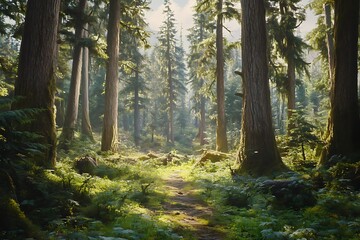 Obraz premium A serene forest scene with sunlight filtering through tall trees and lush greenery.