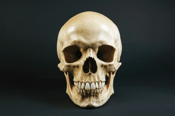 Obraz premium Dramatic Front View of a Natural Human Skull Against a Stark Black Background