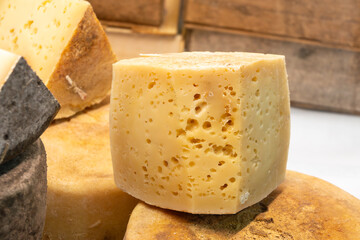 Farmer shop in Biarritz, France, Basque Country and Pyrenees sheep, cow and goat cheeses for sale, Tomme, Fermier Brebis, farmers cheese