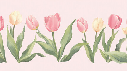 Fototapeta premium A beautiful Border of soft pink tulips with lush green leaves, elegantly placed against a pale pink background.