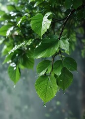 Obraz premium Glistening water droplets on fresh green foliage, background, wet, droplets, environment, macro