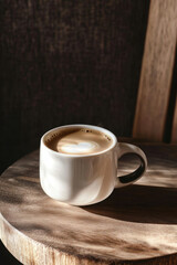 Coffee cup on a wooden table illuminated by warm sunlight, color of the year 2025 mocha mousse
