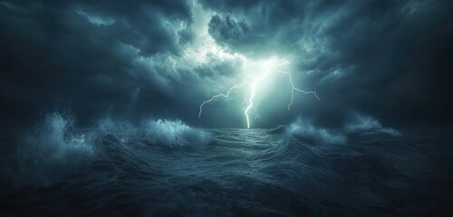 Obraz premium Thunderstorm over a vast ocean, waves crashing and lightning illuminating the dark, churning water.