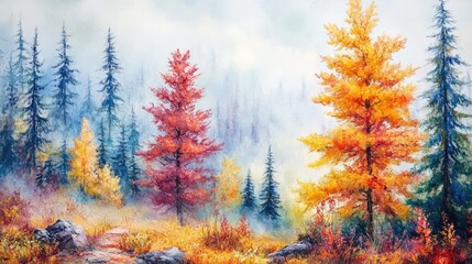Vibrant Autumn Scene. Lush Fall Landscape with Red and Orange Foliage in Soft Pastel Hues on a Misty Day