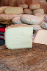 Farmer shop in Biarritz, France, Basque Country and Pyrenees sheep, cow and goat cheeses for sale, Tomme, Fermier Brebis, farmers cheese