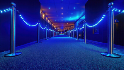 A blue carpet film premiere, and lights in the background, , Golden Stanchions, Spotlight, blue tone.
