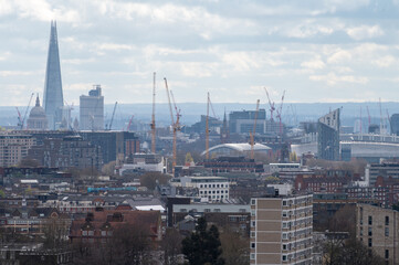 View of office buildings, skyscrapers and modern constructions from the viewpoint at Parliament hill in spring, North London, UK