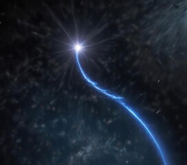 Glittering comet with tail in dark blue space, cosmic background, glittering lights, starry night sky