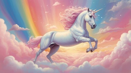 Fototapeta premium A magical white unicorn with a shimmering golden horn and flowing pastel mane, gracefully perched atop a fluffy pink cotton candy cloud floating in a clear blue sky.