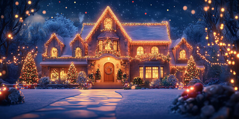 Beautifully lit house with twinkling Christmas lights and holiday decorations.