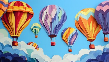 Beautiful paper cut illustration of vibrant multicolored hot air balloons on a blue sky