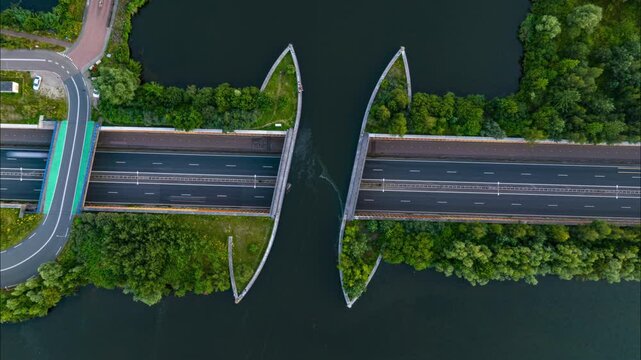 Timelapse shot on a tripod from a unique aerial perspective captures traffic on a street passing under a river in Urk, the Netherlands