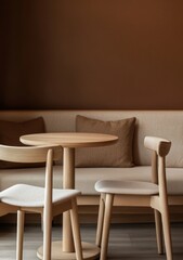 A wooden table with two chairs and a couch in front of it