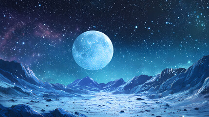 Fototapeta premium A stunning view of the moon's surface with a bright, large moon in the background, set against a starry night sky. Celestia. Illustration