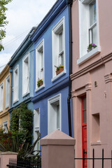 Touristic route on Notting Hill, walking on streets with colourful houses, Portobello road, city life, wealthy neighbourhoods in London, UK