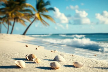Tropical beach with seashells scattered on the sand, gentle waves, and tall palm trees swaying in the breeze.