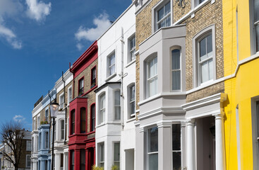 Touristic route on Notting Hill, walking on streets with colourful houses, Portobello road, city life, wealthy neighbourhoods in London, UK