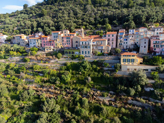 Obraz premium Aerial view on Italian Riviera from French-Italian border in Grimaldi village, Ventimiglia near San-Remo, travel destination, panoramic view from above