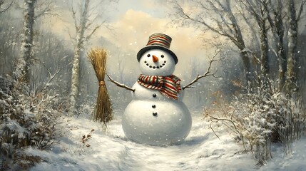 Obraz premium snowman background, Enchanting Snowman and Glittering Snowfal