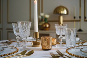 Elegant Dinner Table Setting with Gold Accents and Candlelight. A beautifully arranged dinner table featuring crystal glassware, gold cutlery, and a central candle, creating an inviting atmo...