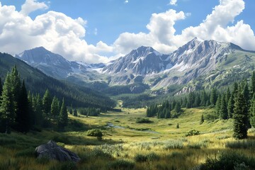 Fototapeta premium A serene mountain landscape with lush greenery, towering peaks, and a clear blue sky.