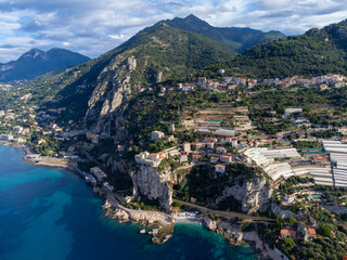 Aerial view on Italian Riviera and Mediterranean Sea from French-Italian border in Grimaldi...