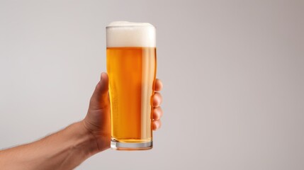 Hand holding a pilsner glass of beer with a foamy head on a white background