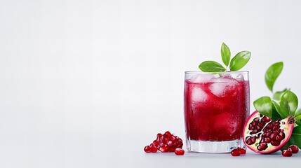 Refreshing pomegranate drink with ice and fresh leaves, set against a light backdrop.