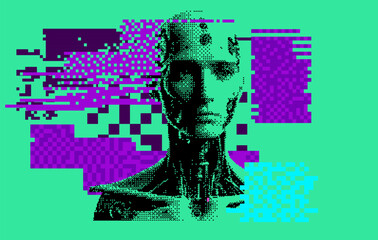 Humanoid robot on a glitchy background with pixel artifacts.