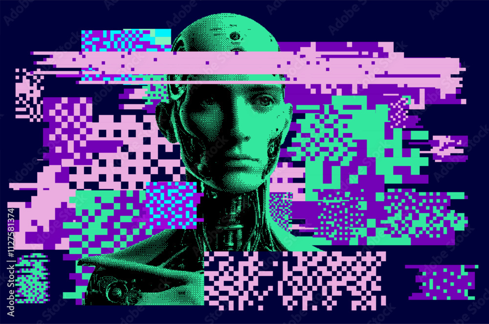 Poster Humanoid robot on a glitchy background with pixel artifacts.