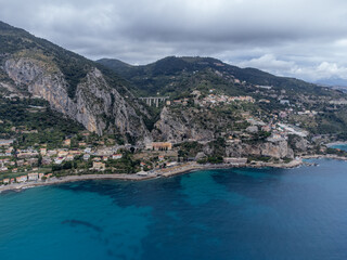 Aerial view on Italian Riviera and Mediterranean Sea from French-Italian border in Grimaldi village, Ventimiglia near San-Remo, travel destination, panoramic view from above
