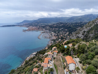 Aerial view on French Riviera, Menton, Monte-Carlo and Monaco and Mediterranean Sea from French-Italian border in Grimaldi village, Ventimiglia, travel destination, panoramic view from above