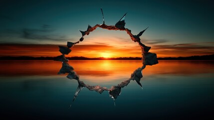 The setting sun casts vibrant hues over the water, intersected by a ring of rugged rocks, representing the harmony of nature’s elements in balance and beauty.