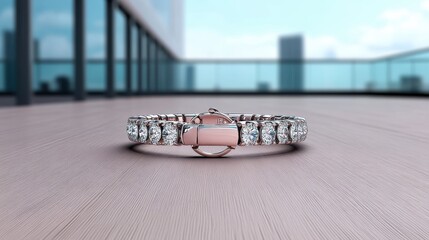 An elegant rose gold bracelet adorned with sparkling diamonds, beautifully showcased on a modern terrace with a cityscape view in the background.