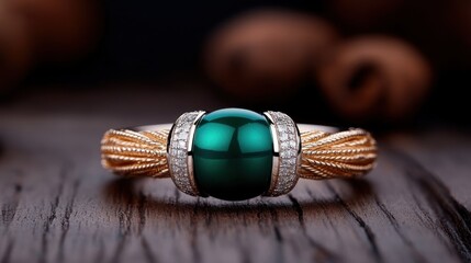 An exquisite ring featuring a large emerald green gemstone, accented with intricate gold designs and diamond detailing, displayed on a dark, elegant surface.