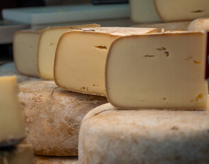 Farmer shop in Biarritz, France, Basque Country and Pyrenees sheep, cow and goat cheeses for sale,...
