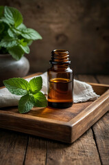 A small amber glass bottle of peppermint essential oil placed on a rustic wooden tray. Fresh peppermint leaves are scattered delicately around it, and a folded linen cloth adds a touch of natural eleg