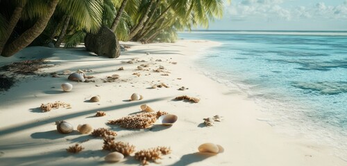 White sand beach with scattered coral pieces and shells, bordered by tall coconut palms and crystal-blue waters.