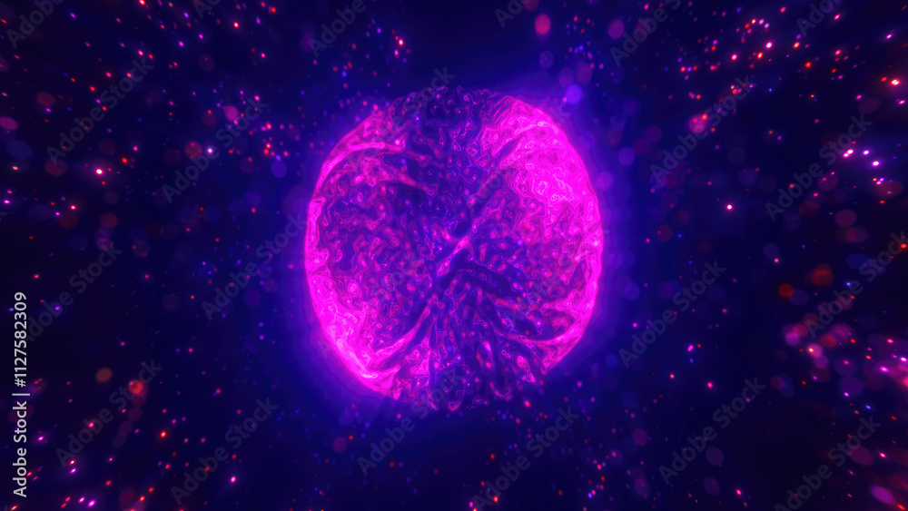 Wall mural purple and red glowing sphere encircled by sparkling light particles, creating a vibrant cosmic spec