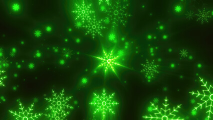 Glowing green snowflakes with radiant light on a dark background, creating a vibrant winter holiday aesthetic